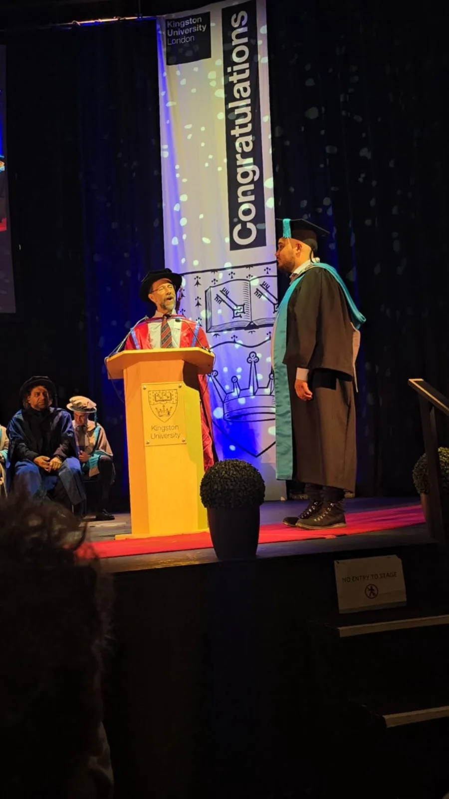 Nathan Brown-Bennett receiving his Postgraduate Diploma at Kingston University London's graduation ceremony