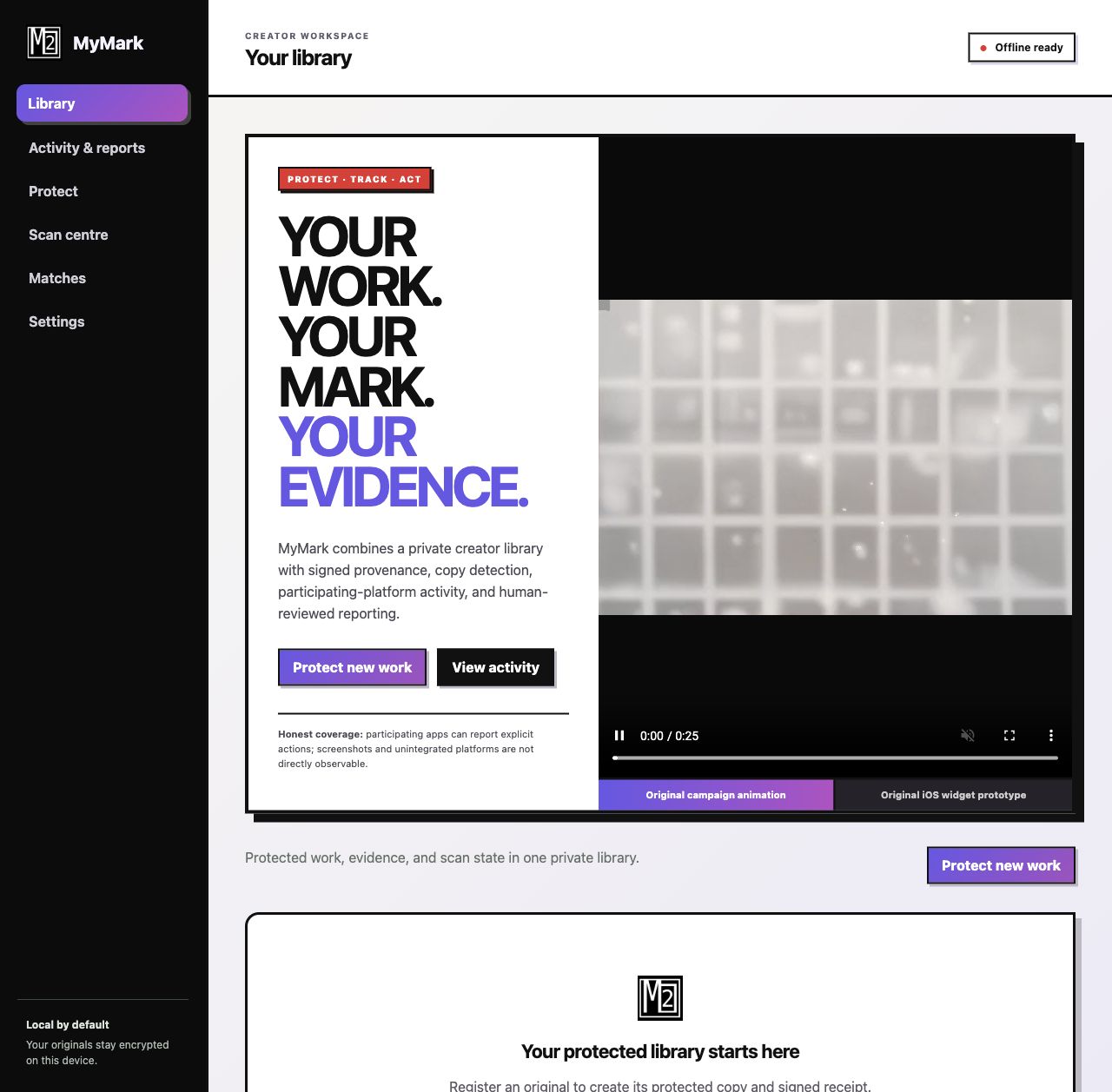 Current MyMark creator workspace for a private library, protection, scanning and evidence review